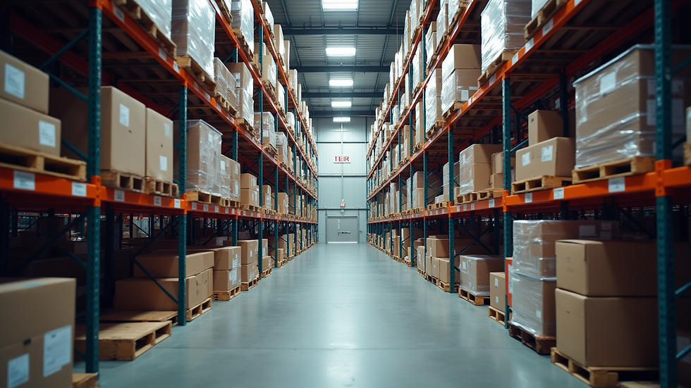 High angle view of a large warehouse interior with shelving units