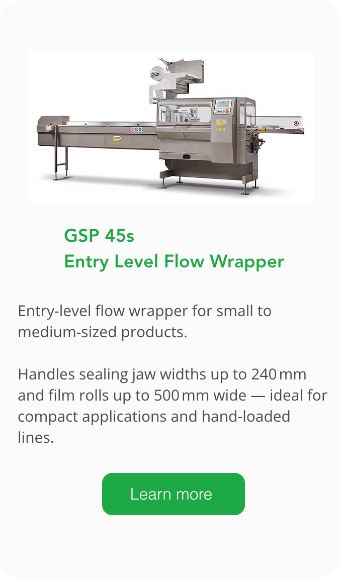 GSP 45s versatile entry-level horizontal flow wrapper for small to medium food products. Designed for reliable production with sealing jaws up to 240 mm and simple operation.