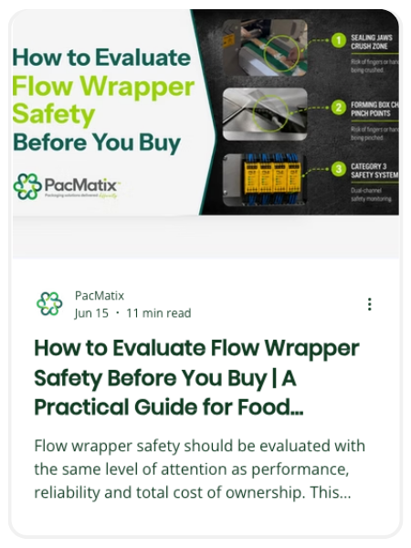 Cover image for a flow wrapper safety guide showing common machine hazards, safety guarding and Category 3 safety systems used on horizontal flow wrappers.