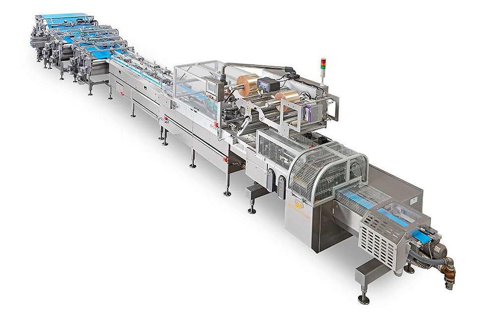 Fully automatic flow wrapper line with integrated product feeding for high-volume food packaging.