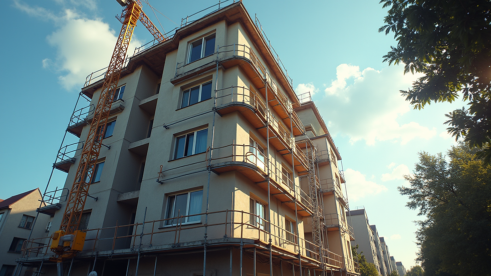 Eye-level view of residential building under construction with scaffolding