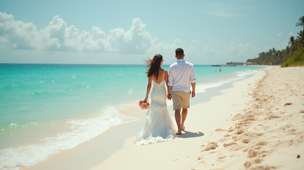 Eye-level view of a wedding couple walking along a sandy beach in Cancun