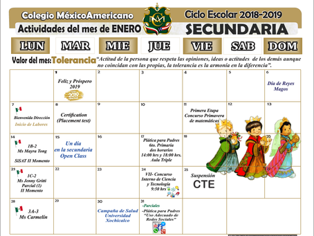 Calendario de actividades del mes de enero Secundaria