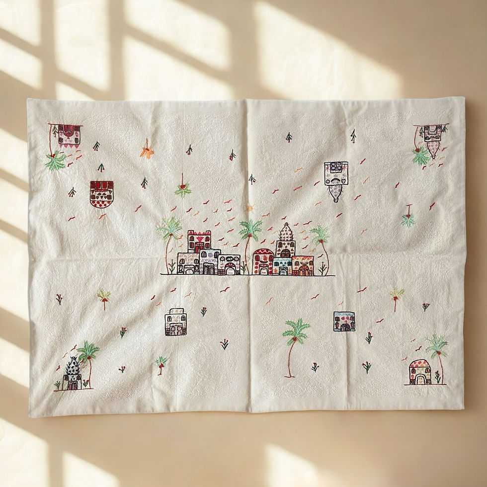 Handmade Egyptian table cover, a unique homeware piece from BloomSpoon's Threads of Hope collection
