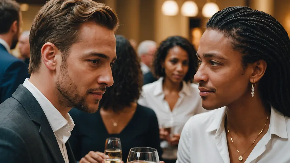Close-up view of two individuals engaged in a deep conversation at a networking event