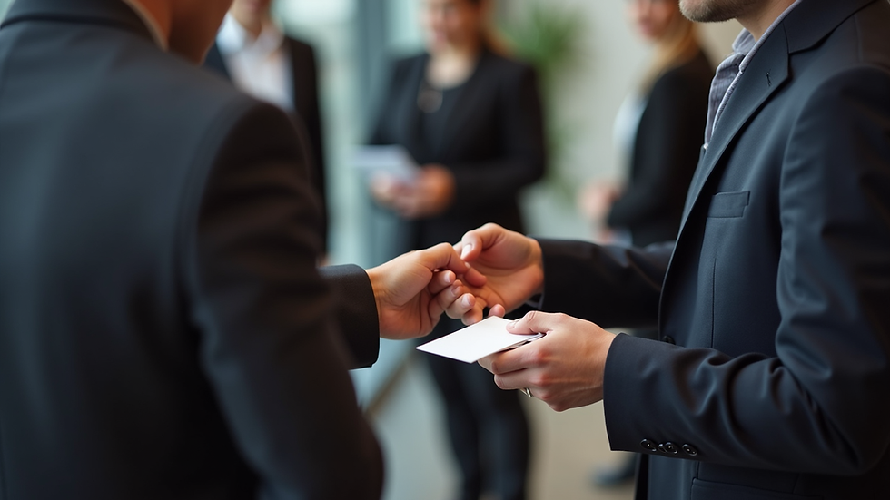 Close-up view of a professional exchanging business cards at a networking event