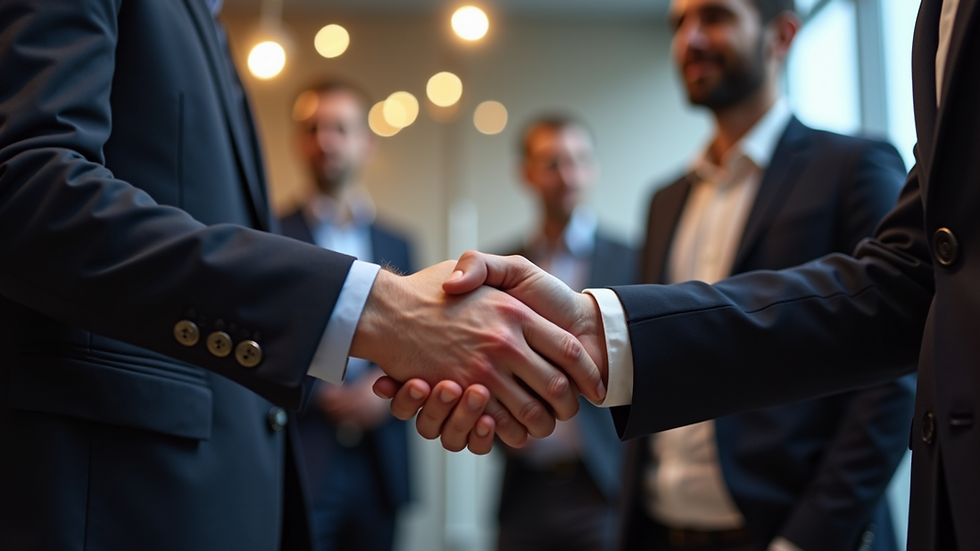 Eye-level view of a professional shaking hands at a networking event