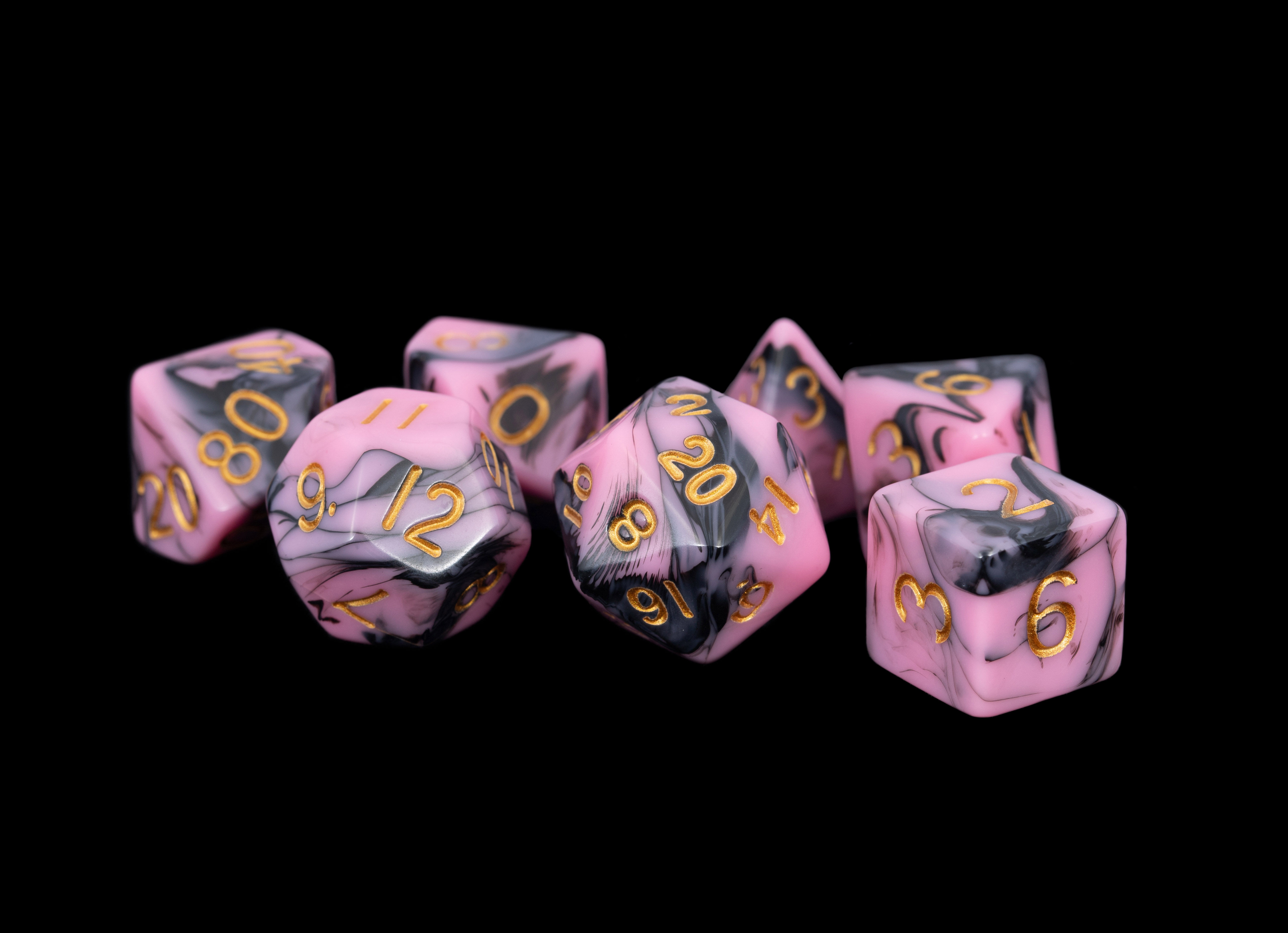 ACRYLIC 7 DICE SET PINK/BLACK W/GOLD 16MM