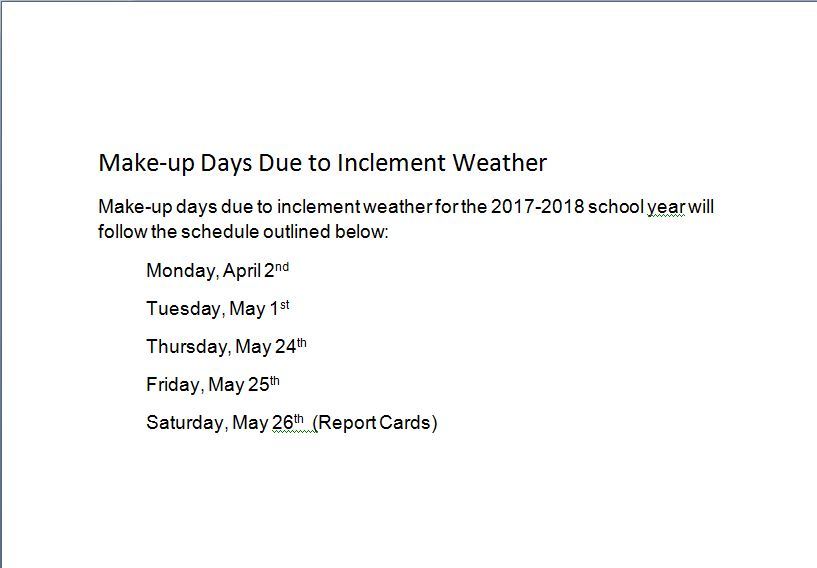 MakeUp Days due to Inclement Weather