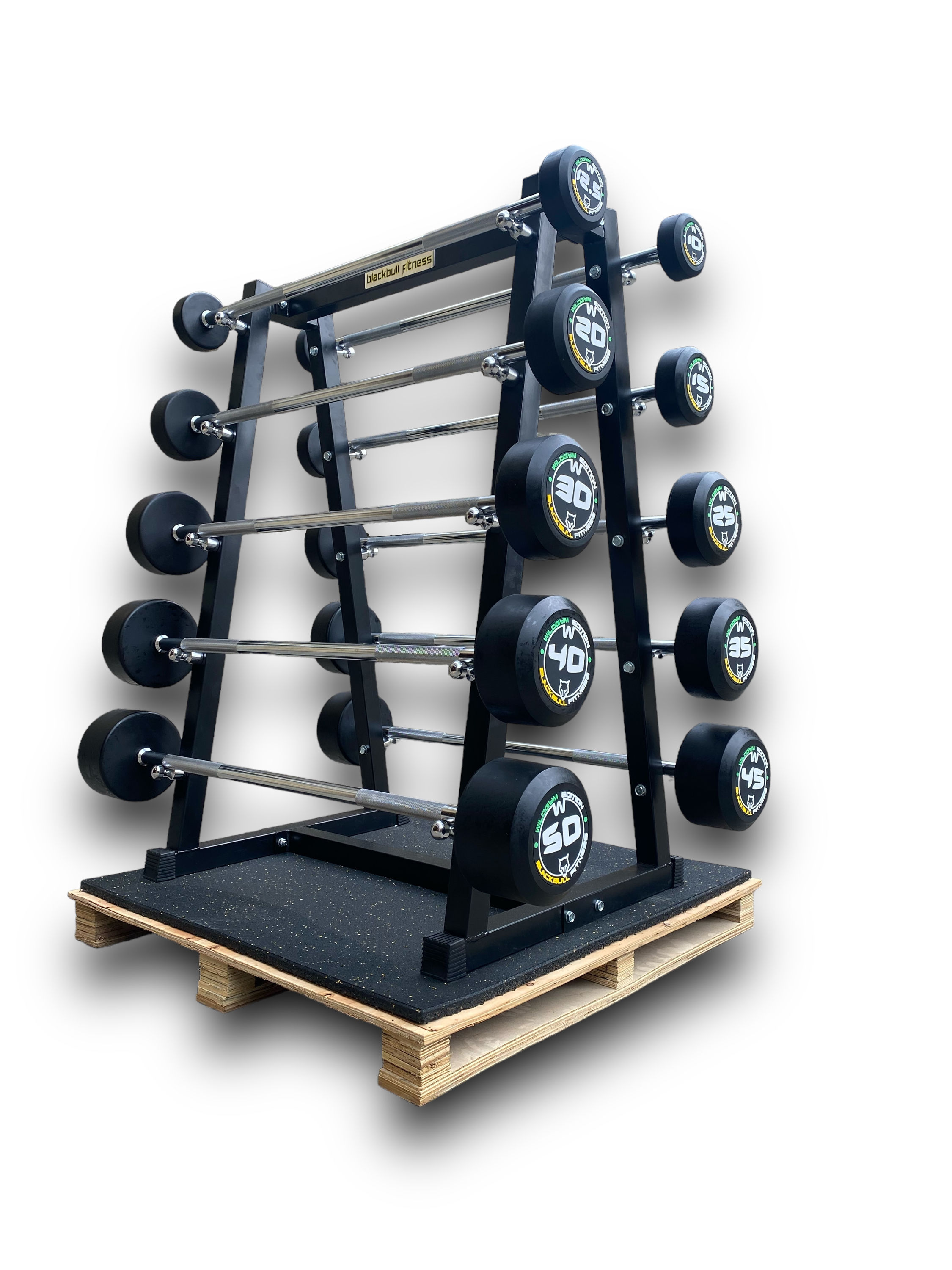 Fixed round barbells on a rack side view