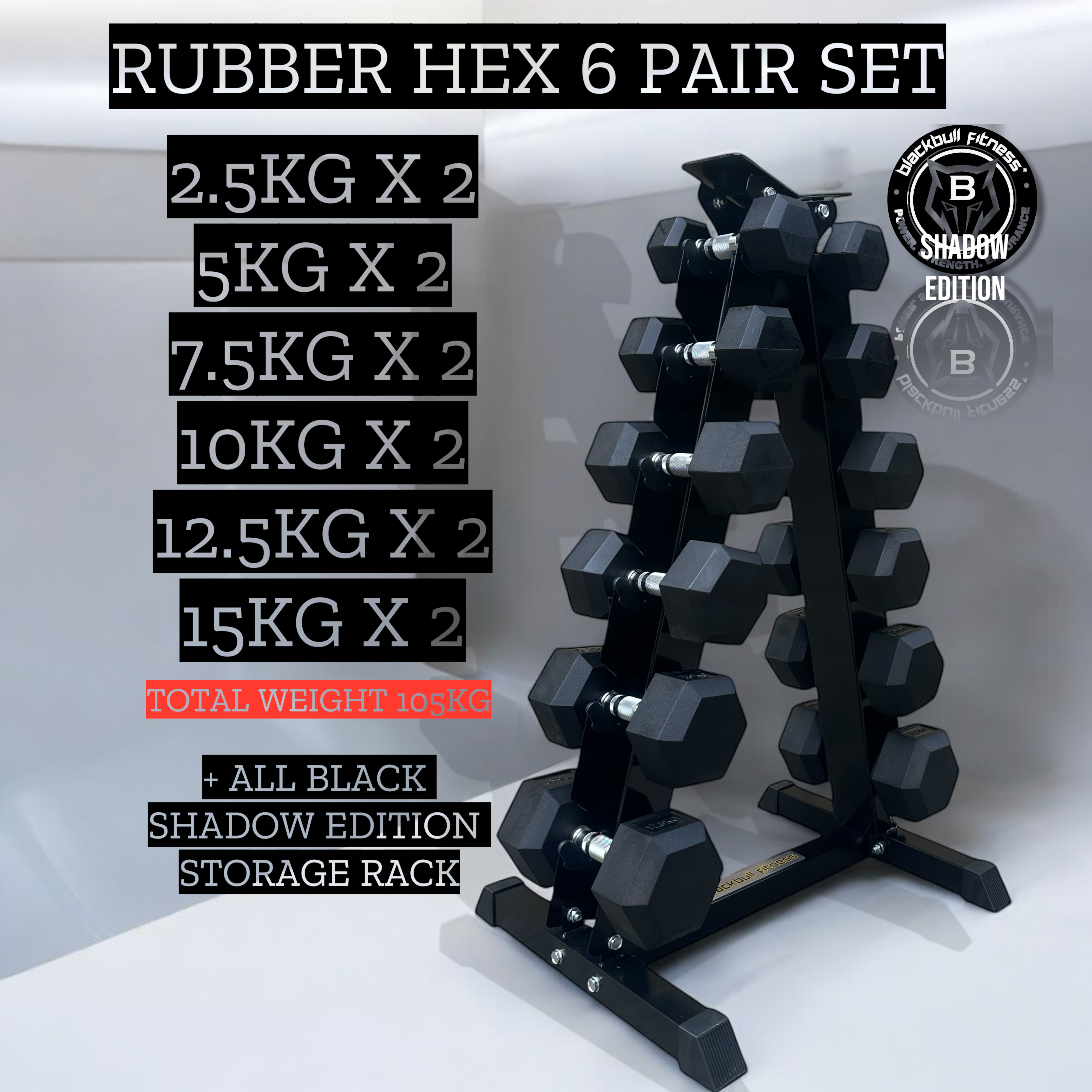 2.5kg - 15kg Rubber Hex Dumbbells Set + Black Shadow Rack (6 pairs)