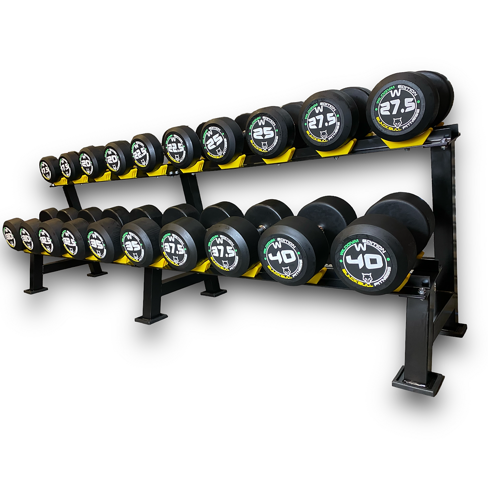 Thumbnail: side view of a dumbbell set on a rack