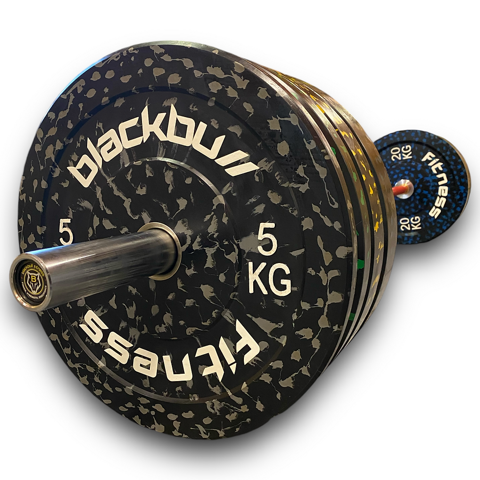 Thumbnail: Close up of camo splash bumper Plates on a red barbell