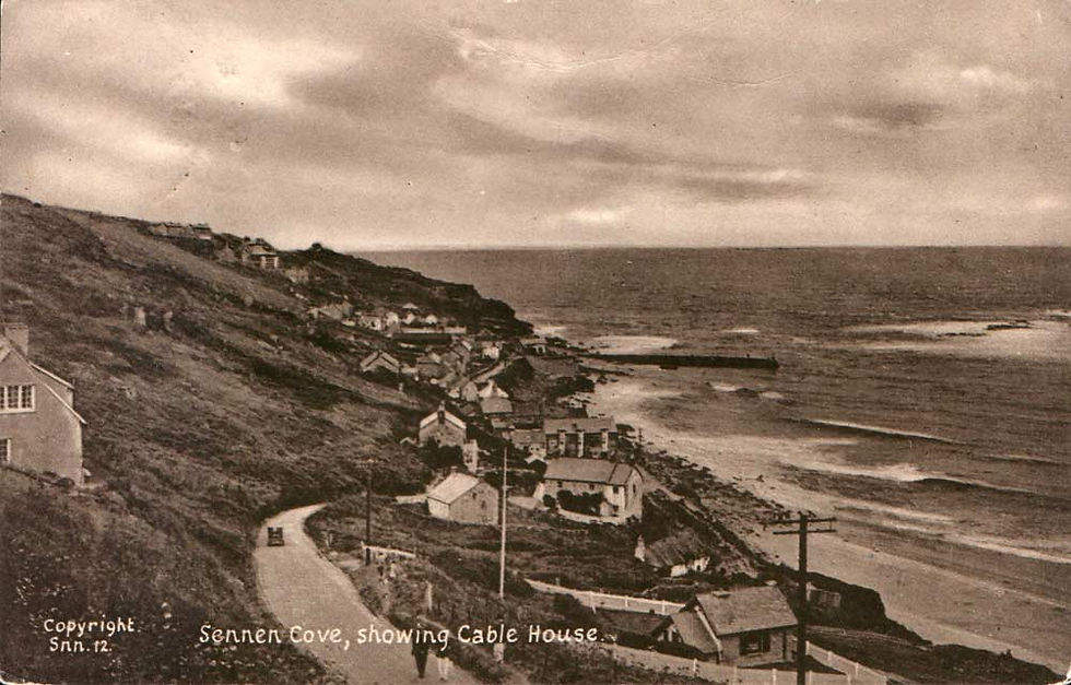 Sennen Cable House with white fence on an old postcard