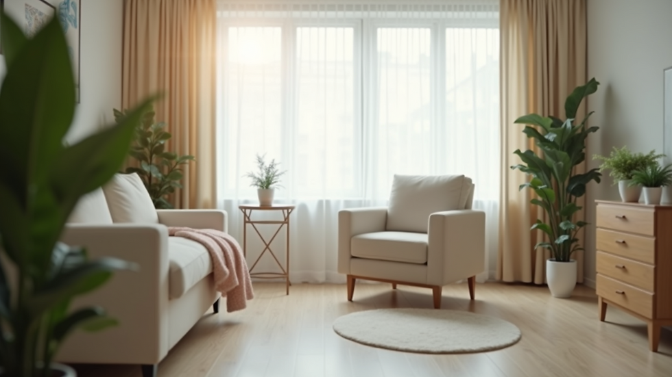 Eye-level view of a calm therapy room with a comfortable chair and soft lighting