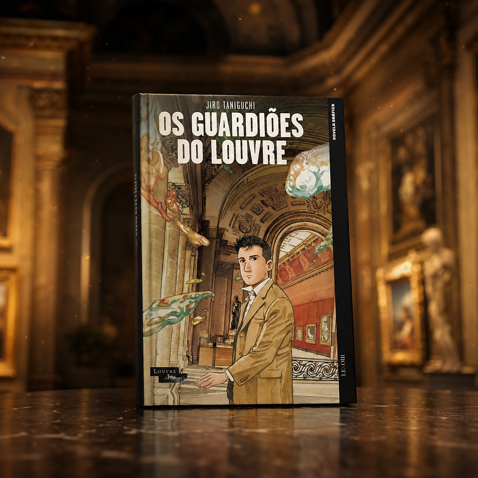 ivro Os Guardiões do Louvre, de Jirō Taniguchi, exposto em um ambiente inspirado no museu.