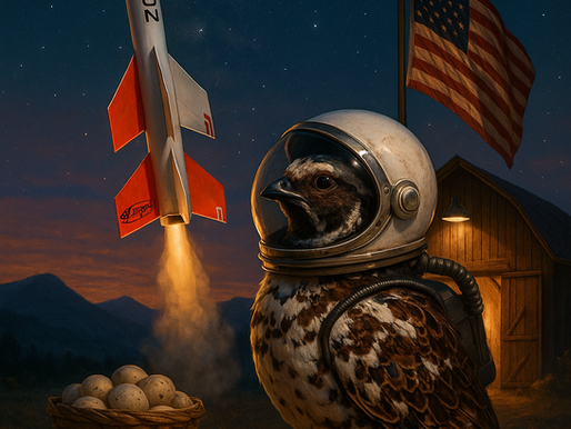 progessive pied zero g quail infront of a barn