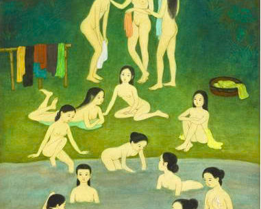 Ảnh tác phẩm Dòng suối nhỏ, cảnh tắm ("Le petit cours d’eau, la baignade"). Kích thước 69.9 x 48.5 cm. Chất liệu Mực và Bột màu trên lụa