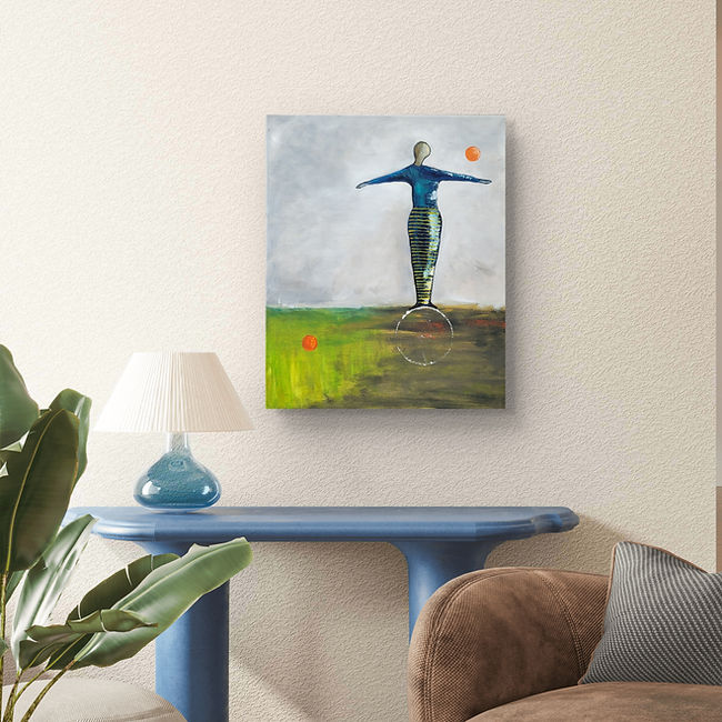Abstrakte Figur mit ausgestreckten Armen, balancierend auf einem Kreis, mit kleinen orangefarbenen Akzenten.