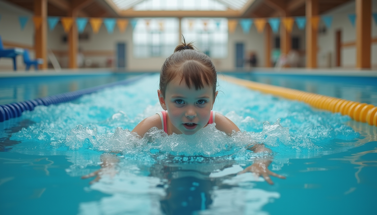 Eye-level view of an indoor swimming pool with a child practicing swimming strokes
