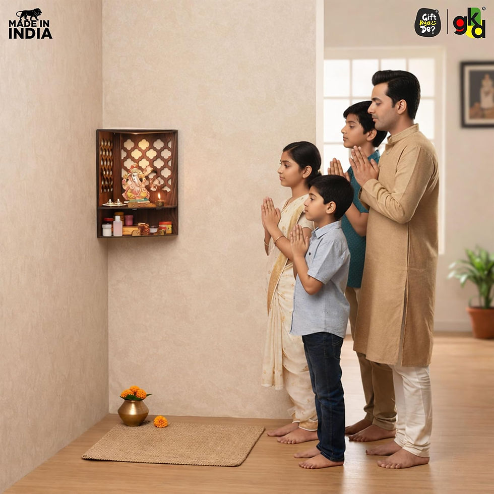 Thumbnail: Wooden Corner Pooja Mandir for Home & Office | Wall Mounted Pooja Stand with LED