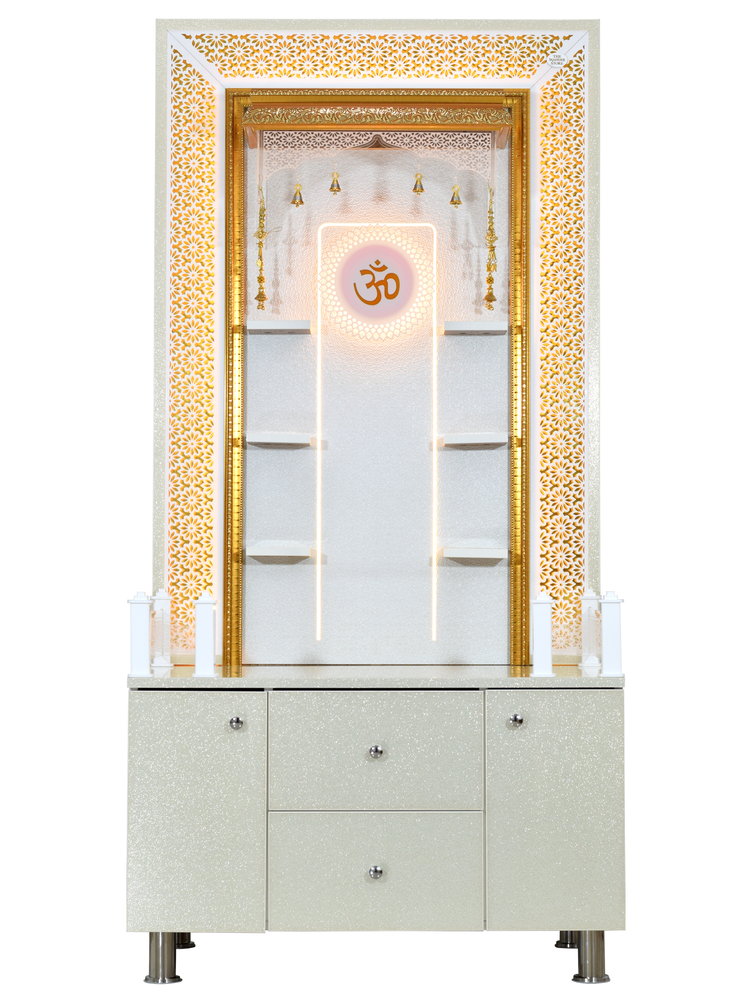 Designer Ornamental Large Wooden Mandir in Silk White and Silver Hi Gloss Finish