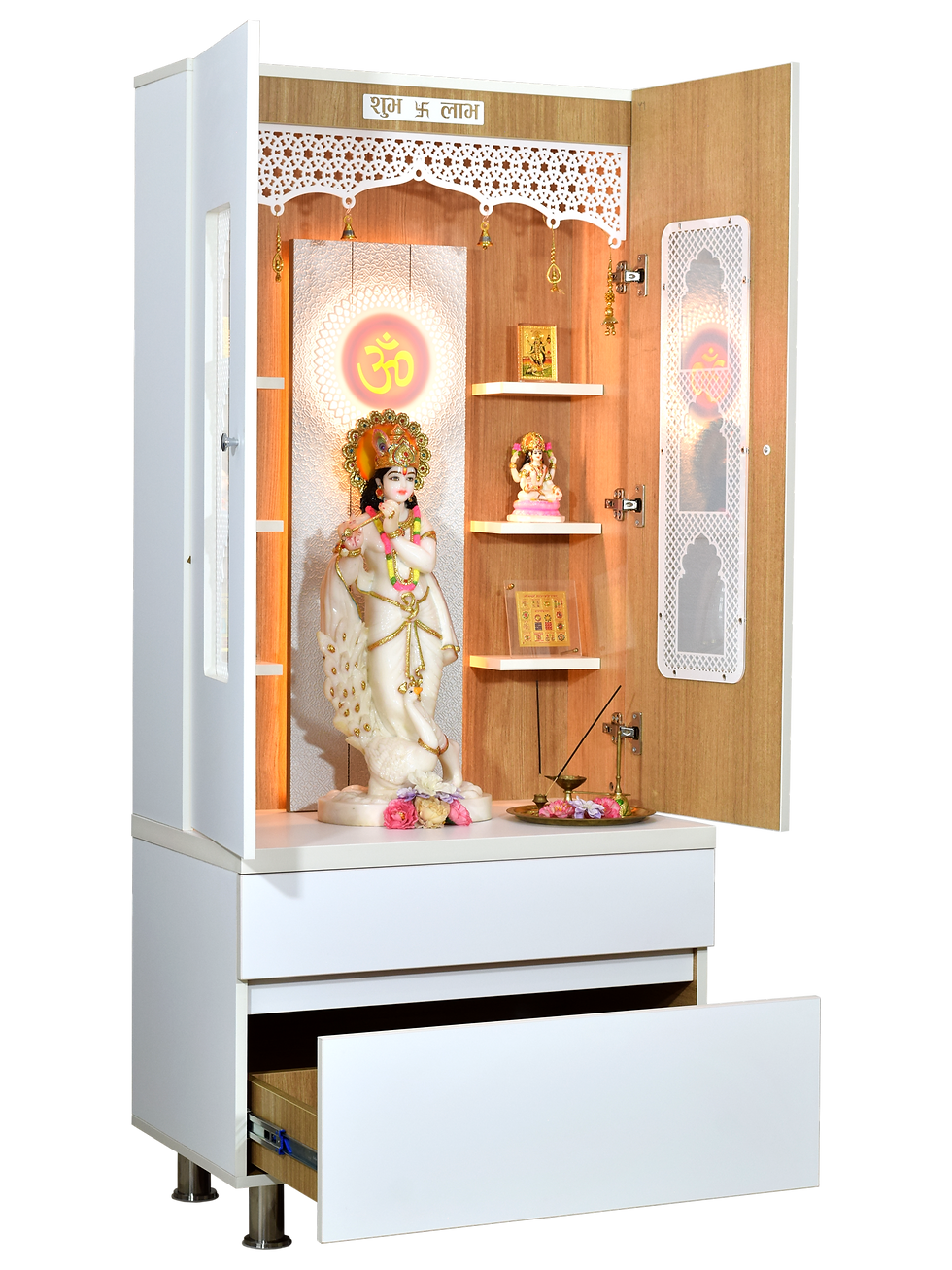 Thumbnail: Designer Wooden Mandir for Home with door,  Strip Lighting & Extra Storage