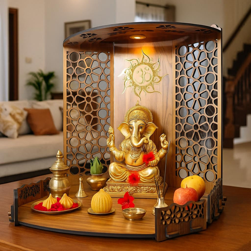 Wooden Pooja Mandir for Home or Puja Temple Stand for Office and Shops with Led