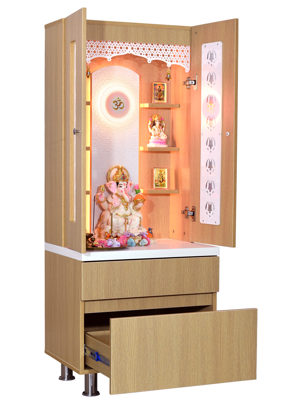 Thumbnail: Wooden Mandir 5 Feet with Doors and Floating Shelves in Natural Teak Laminated 