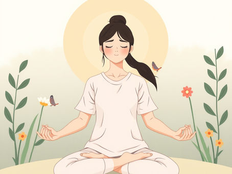 Illustration of a woman meditating peacefully surrounded by plants and birds