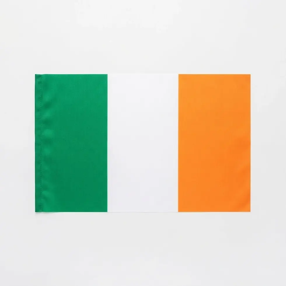 Studio photography of the flag of Ireland, presented flat against a white background.