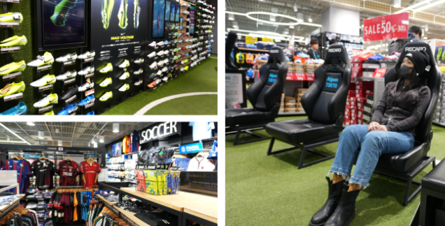 滿牆的足球鞋以及球衣，還有一女生坐在椅子上休息