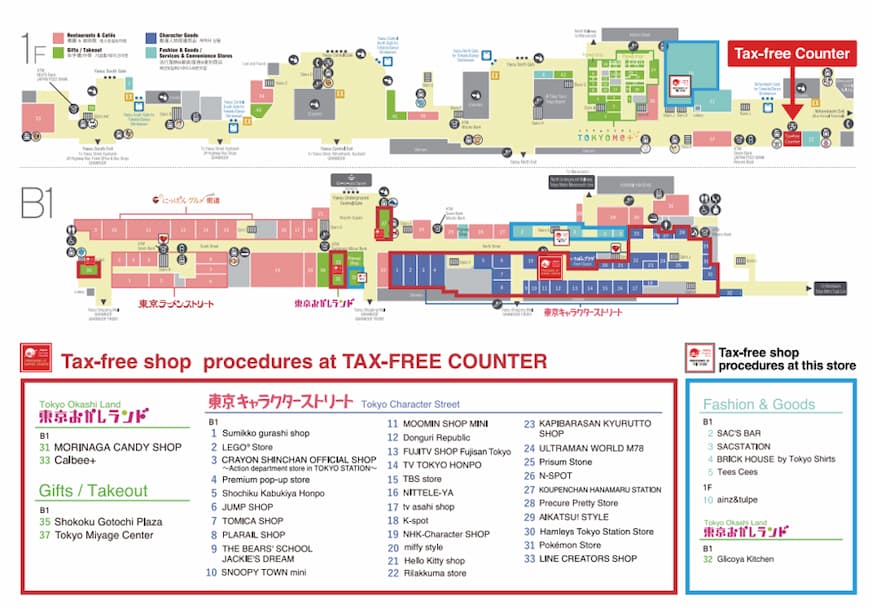 展示東京站一番街1樓和B1各商店的位子和退稅方式