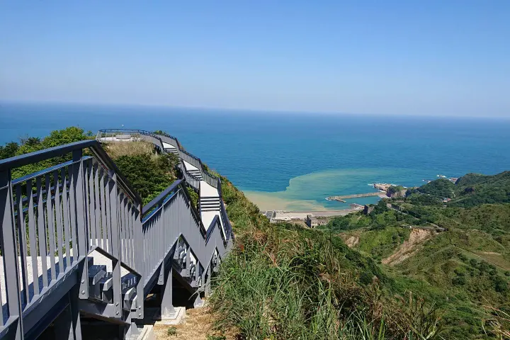 報時山步道景觀：階梯延伸向陰陽海與湛藍大海的畫面
