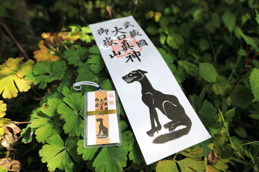 綠葉間擺著白色神社護符和小吊牌，紙上有黑色狼犬圖案與日文大口真神等字樣，氣氛靜謐神秘。