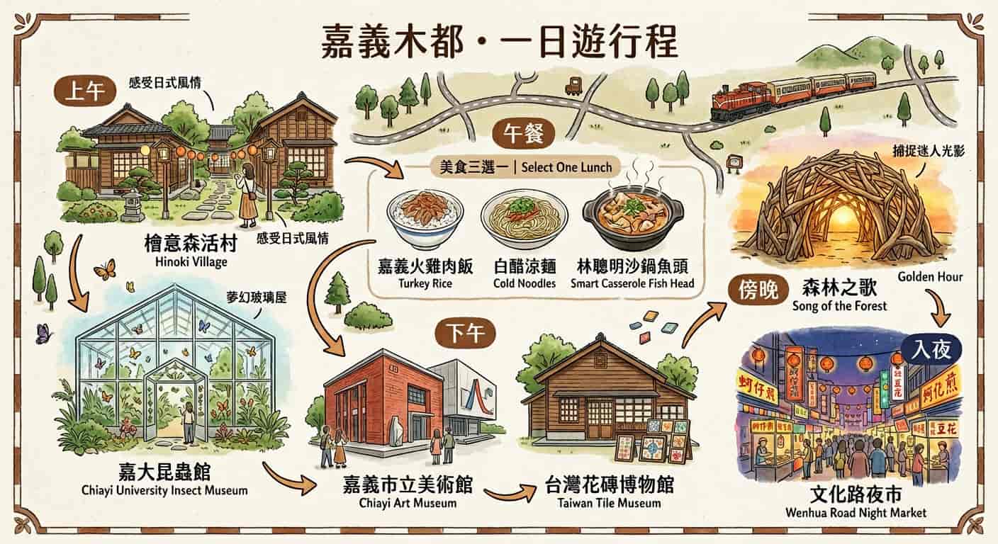 嘉義一日遊行程表，並將一日遊行程分為上中下午