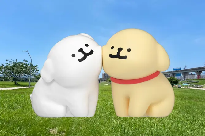  新北大都會公園草皮上有韓國IP線條小狗的大型裝置