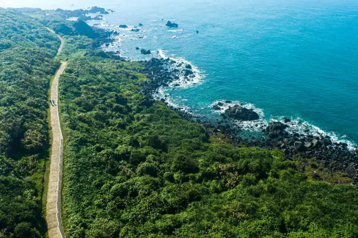 富貴角燈塔步道空拍，步道兩側滿是翠綠植被，緊鄰湛藍北海岸