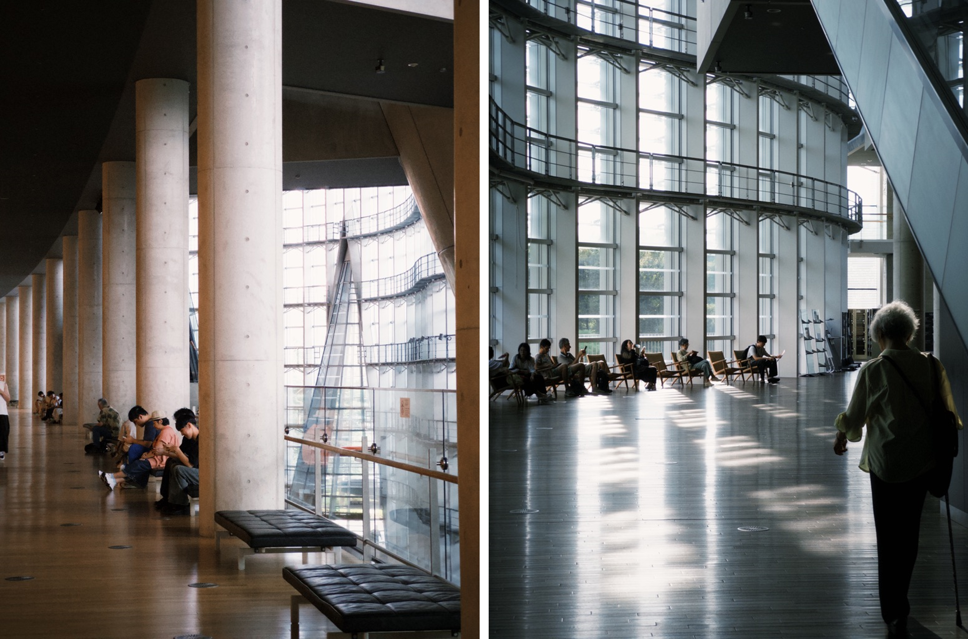 國立新美術館，楊光透過玻璃牆面倒映在地上形成美麗的光影