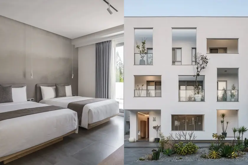 U+U加倍遊民速，現代飯店室內外景觀，左側客房有兩張雙人床，灰白色調，右側是白色簡約建築外觀，窗戶有綠色植物，外觀整齊。