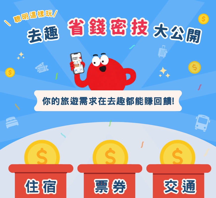 紅色卡通人物舉著手機，周圍有硬幣、行李等圖標，背景為藍色。文字：「去趣省錢密技大公開」