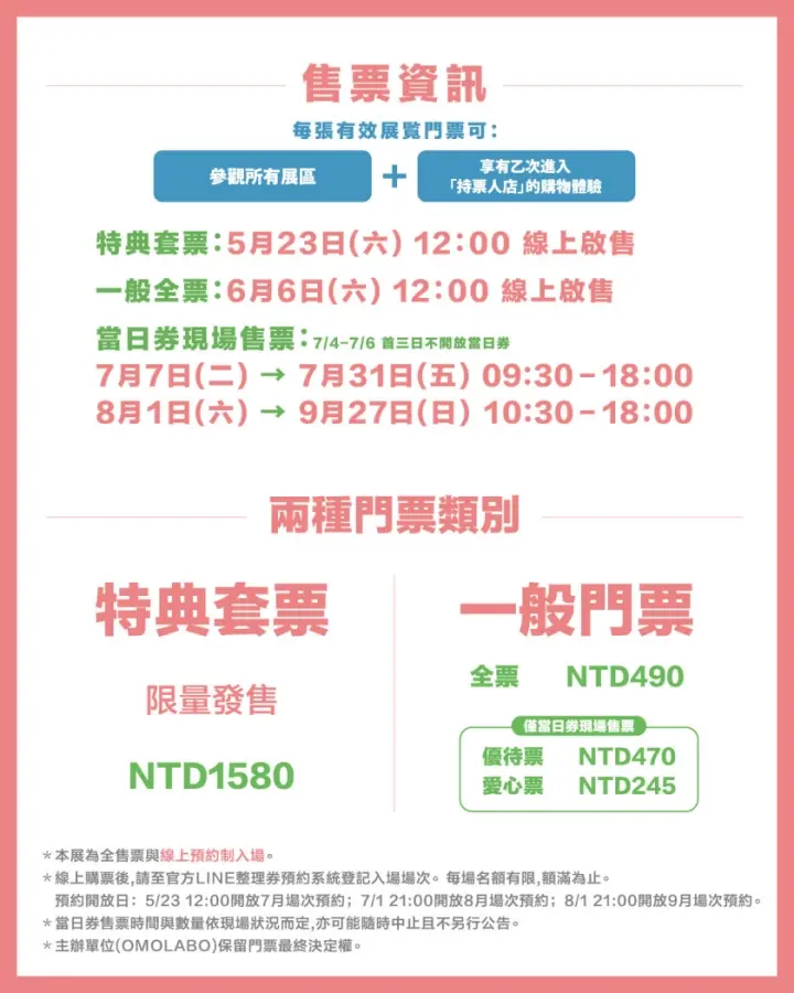 粉紅邊框售票資訊海報,列出特典套票與一般門票價格、線上啟售與現場售票日期,含NTD1580、NTD490等字樣。