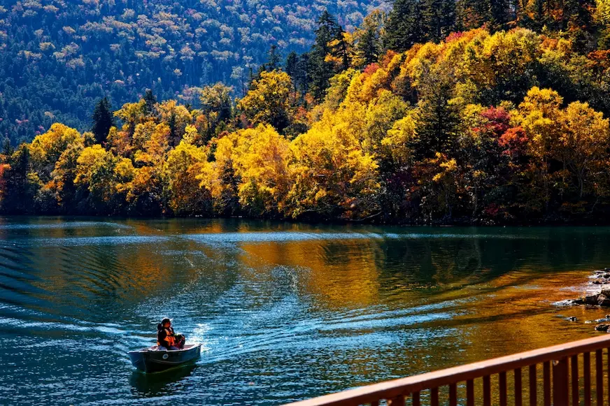秋日湖面上，一艘小船載著兩人緩緩前行，前景有欄杆；對岸森林金黃、橙紅與深綠交織，倒映在平靜水面上，景色寧靜絢麗。