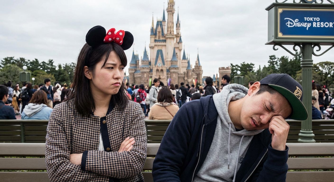 情侶在迪士尼玩，但兩個人看起來都在不開心