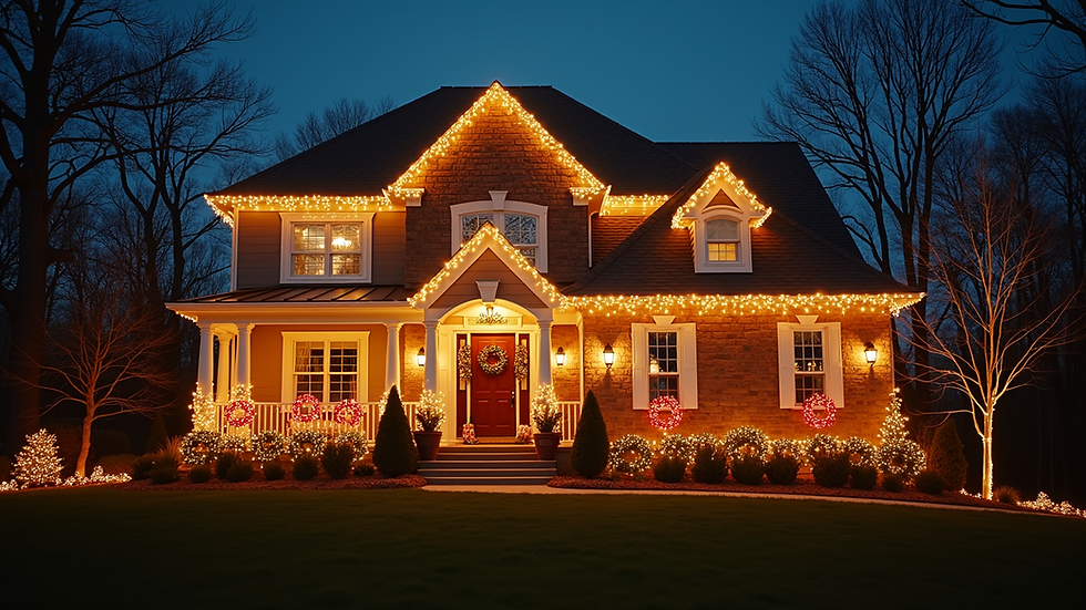 Eye-level view of a beautifully decorated home with custom holiday lights