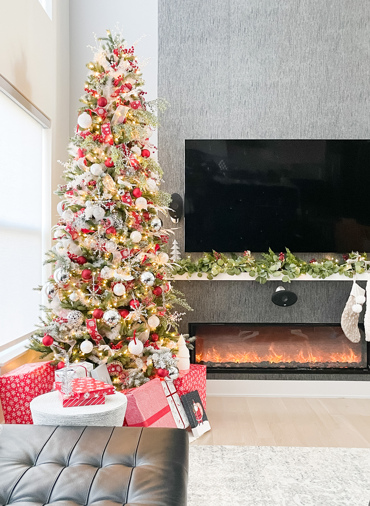 Classic Modern Holiday Home Tour filled with red, silver, white ornaments!