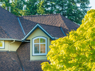A house with sloped brown roofs, a white framed window, and a lush green tree in front. Sunny setting with a clear sky.