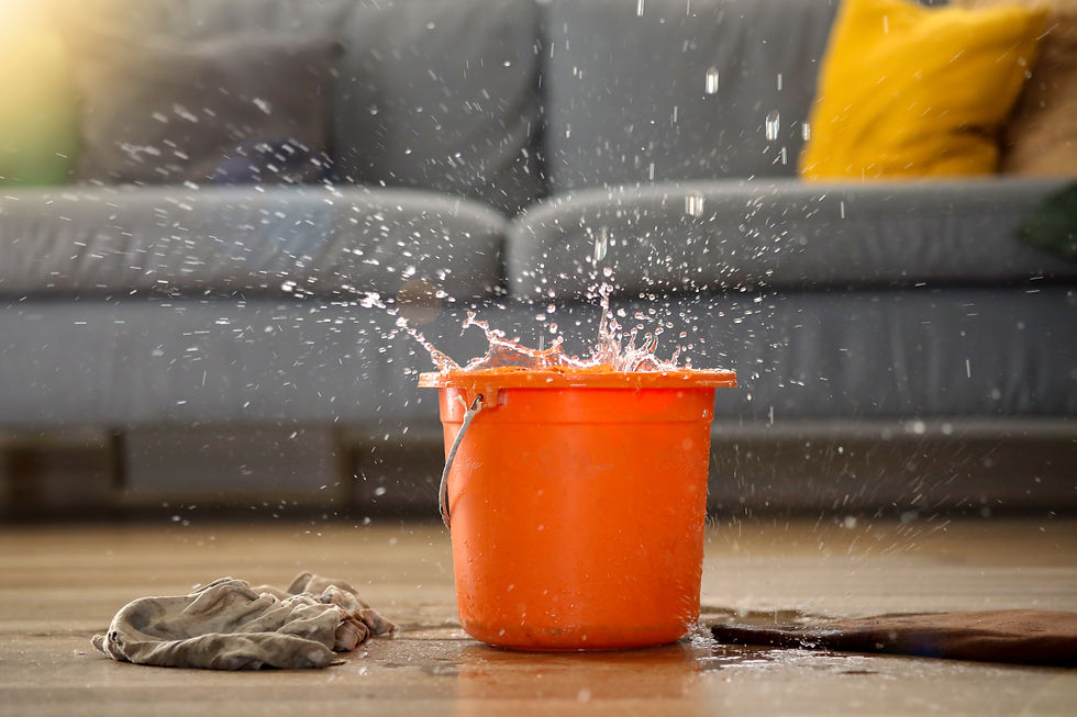 Orange bucket splashing water on the floor, with rags nearby and a blurred person in yellow on a couch in the background