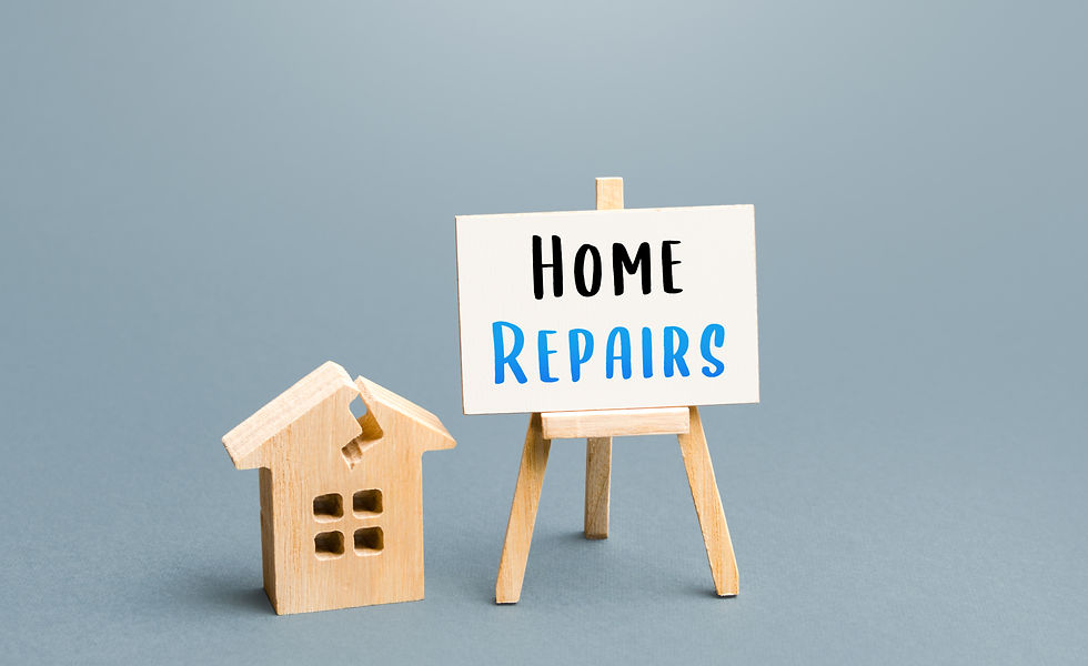 Wooden house model beside a sign on an easel reading HOME REPAIRS against a blue background, suggesting home maintenance.