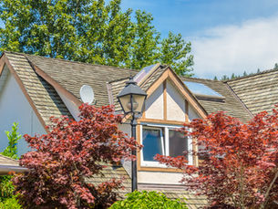 Suburban house roof with skylights, black lamp post, and red maple trees under a bright blue sky